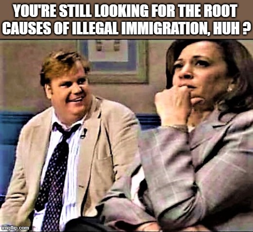 chris Farley and kamala | YOU'RE STILL LOOKING FOR THE ROOT 
CAUSES OF ILLEGAL IMMIGRATION, HUH ? | image tagged in political humor,kamala harris,chris farley,illegal immigration,root causes,open borders | made w/ Imgflip meme maker