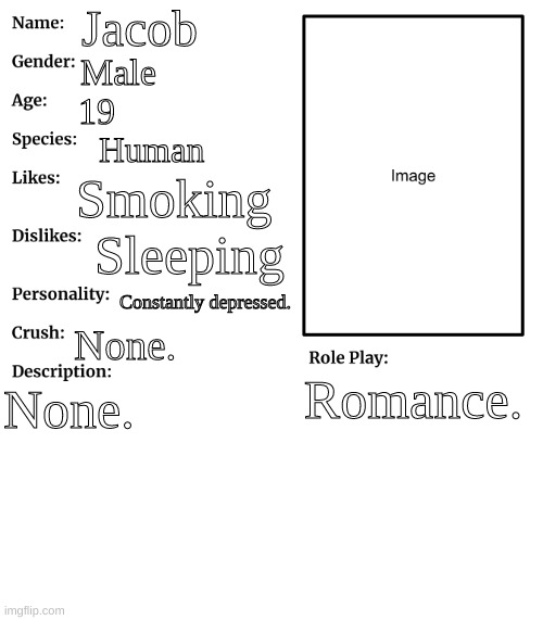RP stream OC showcase | Jacob; Male; 19; Human; Smoking; Sleeping; Constantly depressed. None. Romance. None. | image tagged in rp stream oc showcase | made w/ Imgflip meme maker