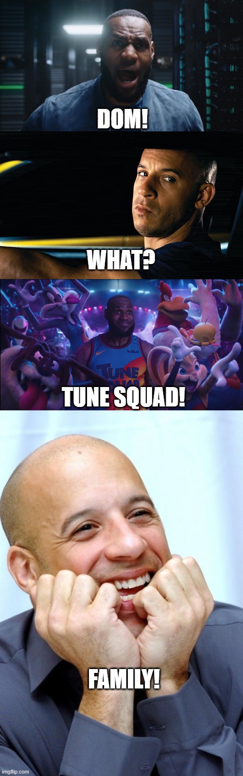 Tune Squad Family! | DOM! WHAT? TUNE SQUAD! FAMILY! | image tagged in vin diesel in a car,very happy vin diesel,dom,lebron james,space jam | made w/ Imgflip meme maker