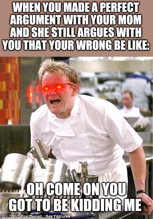 This just happened to me | WHEN YOU MADE A PERFECT ARGUMENT WITH YOUR MOM AND SHE STILL ARGUES WITH YOU THAT YOUR WRONG BE LIKE:; OH COME ON YOU GOT TO BE KIDDING ME | image tagged in memes,chef gordon ramsay | made w/ Imgflip meme maker