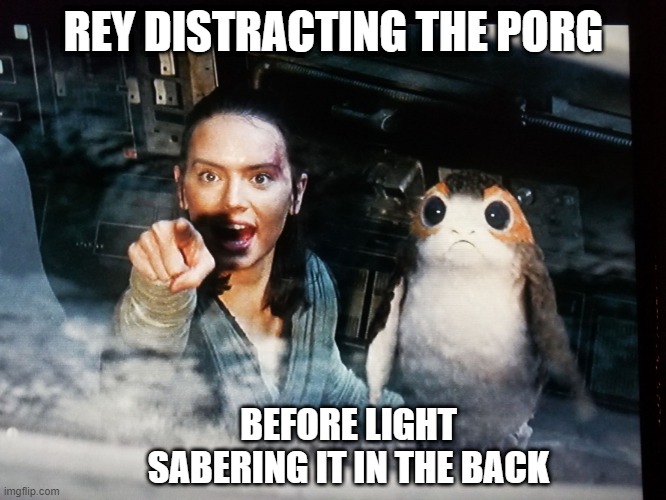 Tastes Like Chicken | REY DISTRACTING THE PORG; BEFORE LIGHT SABERING IT IN THE BACK | image tagged in there it is | made w/ Imgflip meme maker