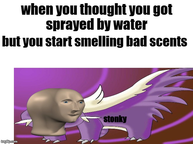 new meme | when you thought you got
sprayed by water; but you start smelling bad scents; stonky | image tagged in memes new | made w/ Imgflip meme maker