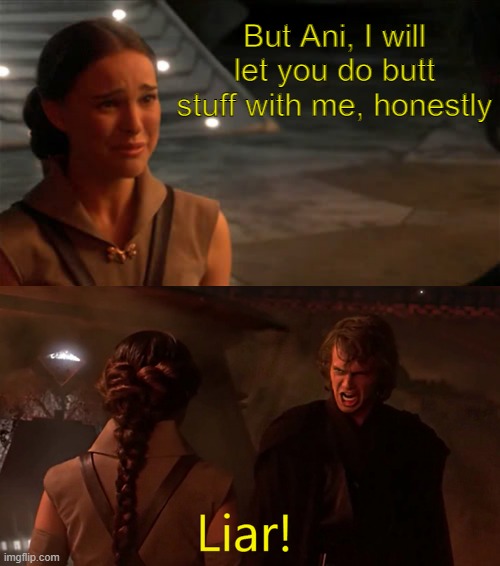 Sure Padme...sure... | But Ani, I will let you do butt stuff with me, honestly | image tagged in padme you're breaking my heart,lair | made w/ Imgflip meme maker