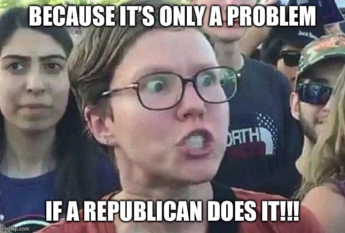 Triggered Liberal | BECAUSE IT’S ONLY A PROBLEM IF A REPUBLICAN DOES IT!!! | image tagged in triggered liberal | made w/ Imgflip meme maker