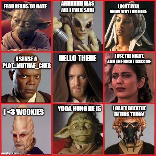 Random Quotes | AHHHHHH WAS ALL I EVER SAID; I DON'T EVEN KNOW WHY I AM HERE; FEAR LEADS TO HATE; HELLO THERE; I SENSE A PLOT...MUTHAF_CKER; I USE THE NIGHT, AND THE NIGHT USES ME; YODA HUNG HE IS; I <3 WOOKIES; I CAN'T BREATHE IN THIS THING! | image tagged in council | made w/ Imgflip meme maker
