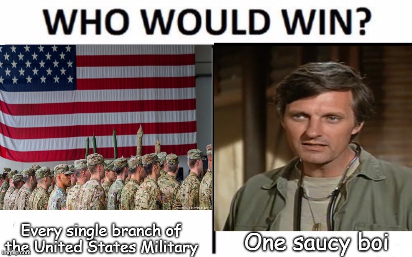 Hawkeye Pierce vs. the Army | Every single branch of the United States Military; One saucy boi | image tagged in who would win | made w/ Imgflip meme maker