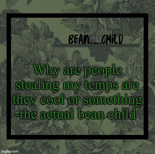 Why are people stealing my temps are they cool or something
-the actual bean child | image tagged in beans army green temp | made w/ Imgflip meme maker
