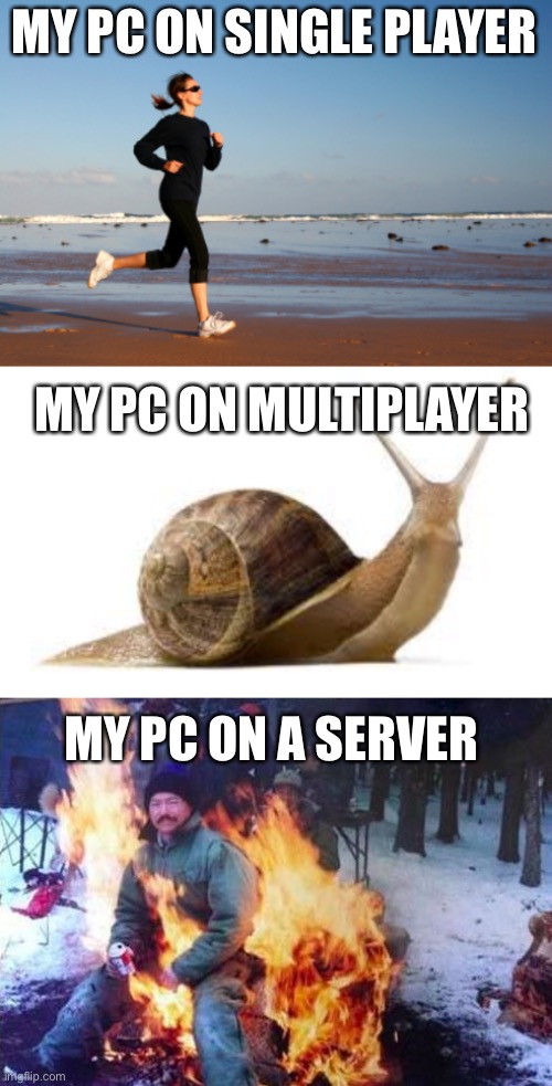 It bursts into flames |  MY PC ON SINGLE PLAYER; MY PC ON MULTIPLAYER; MY PC ON A SERVER | image tagged in jogger,snail,memes,ligaf,minecraft | made w/ Imgflip meme maker