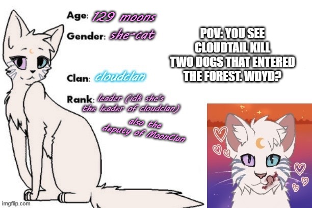 Cloudtail's one of teh most strong Warrior Cats there are that aren't canon to teh actual series | POV: YOU SEE CLOUDTAIL KILL TWO DOGS THAT ENTERED THE FOREST. WDYD? | made w/ Imgflip meme maker