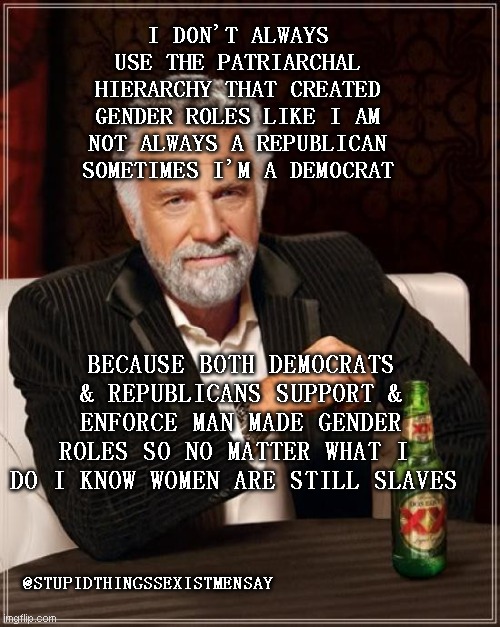Sexist Brothers are Stupid shits | I DON'T ALWAYS USE THE PATRIARCHAL HIERARCHY THAT CREATED GENDER ROLES LIKE I AM NOT ALWAYS A REPUBLICAN SOMETIMES I'M A DEMOCRAT; BECAUSE BOTH DEMOCRATS & REPUBLICANS SUPPORT & ENFORCE MAN MADE GENDER ROLES SO NO MATTER WHAT I  DO I KNOW WOMEN ARE STILL SLAVES; @STUPIDTHINGSSEXISTMENSAY | image tagged in x all the y,male privilege,occult,slavery | made w/ Imgflip meme maker