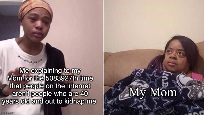 I mean come on really? | Me explaining to my Mom for the 5083927th time that people on the Internet aren’t people who are 40 years old and out to kidnap me; My Mom | image tagged in me explaining to my mom | made w/ Imgflip meme maker