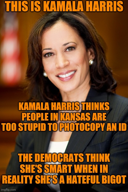 She actually knows what she's doing. The entire Democrat party knows what they're doing. Communism, It's all part of the plan. | THIS IS KAMALA HARRIS; KAMALA HARRIS THINKS PEOPLE IN KANSAS ARE TOO STUPID TO PHOTOCOPY AN ID; THE DEMOCRATS THINK SHE'S SMART WHEN IN REALITY SHE'S A HATEFUL BIGOT | image tagged in kamala harris | made w/ Imgflip meme maker