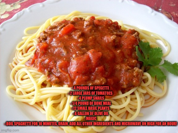 Spaghetti  | ○4 POUNDS OF SPEGETTI 
○2 LARGE JARS OF TOMATOES 
○4 PLUMP SNAILS
○1/4 POUND OF BONE MEAL
○12 SMALL BASIL PLANTS 
○A GALLON OF OLIVE OIL
○MA | image tagged in spaghetti | made w/ Imgflip meme maker