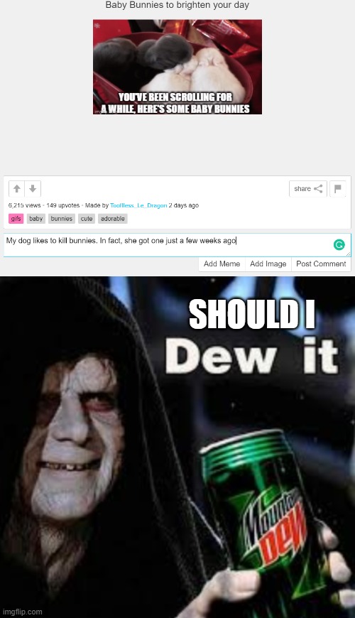 If this makes the front page, I will dew it |  SHOULD I | image tagged in dew it,cringe comment,memes,funny | made w/ Imgflip meme maker