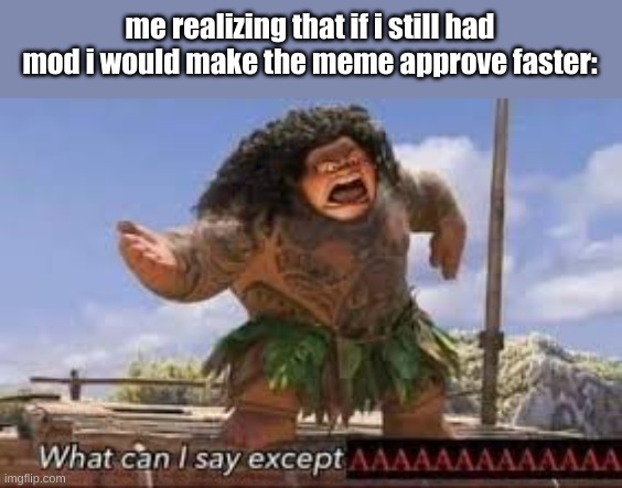 What can i say except aaaaaaaaaaa | me realizing that if i still had mod i would make the meme approve faster: | image tagged in what can i say except aaaaaaaaaaa | made w/ Imgflip meme maker