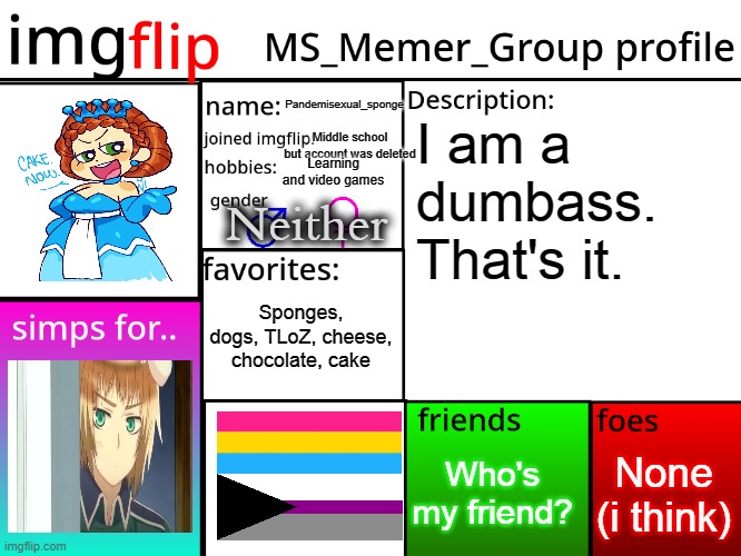 I think this is the first time I've used a pfp (art not mine) | Pandemisexual_sponge; Middle school but account was deleted; I am a dumbass. That's it. Learning and video games; Neither; Sponges, dogs, TLoZ, cheese, chocolate, cake; None (i think); Who's my friend? | image tagged in msmg profile,demisexual_sponge | made w/ Imgflip meme maker