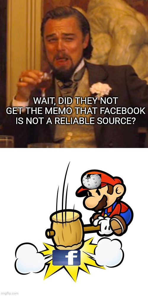 WAIT, DID THEY NOT GET THE MEMO THAT FACEBOOK IS NOT A RELIABLE SOURCE? | image tagged in memes,laughing leo,mario hammer smash | made w/ Imgflip meme maker