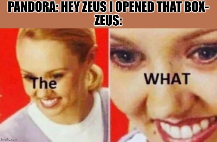 the what | PANDORA: HEY ZEUS I OPENED THAT BOX-
ZEUS: | image tagged in the what | made w/ Imgflip meme maker