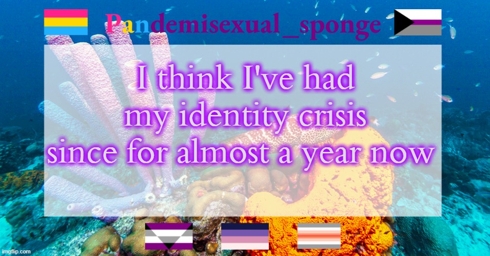 I didn't want to open up about this, but it may be necessary | I think I've had my identity crisis since for almost a year now | image tagged in pandemisexual_sponge temp,demisexual_sponge | made w/ Imgflip meme maker