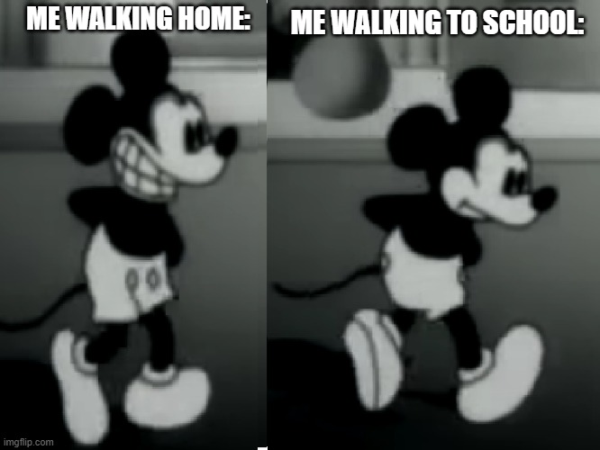 lol | ME WALKING TO SCHOOL:; ME WALKING HOME: | image tagged in suicidemouse avi | made w/ Imgflip meme maker