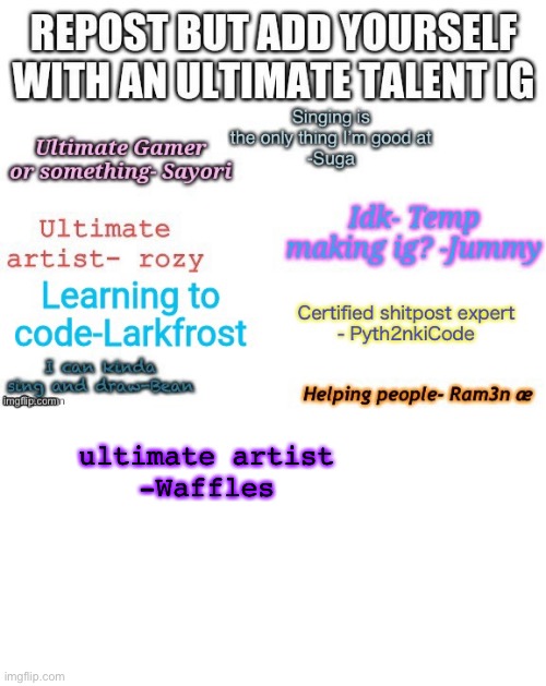 ultimate artist
-Waffles | image tagged in blank white template | made w/ Imgflip meme maker