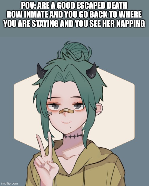 Another rp cuz I’m bored af | POV: ARE A GOOD ESCAPED DEATH ROW INMATE AND YOU GO BACK TO WHERE YOU ARE STAYING AND YOU SEE HER NAPPING | image tagged in jiro oc cat | made w/ Imgflip meme maker