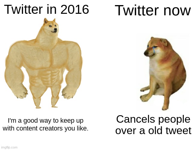 it's true. | Twitter in 2016; Twitter now; I'm a good way to keep up with content creators you like. Cancels people over a old tweet | image tagged in memes,buff doge vs cheems,funny,facts | made w/ Imgflip meme maker