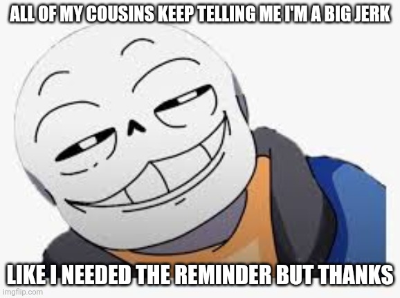 smug snas | ALL OF MY COUSINS KEEP TELLING ME I'M A BIG JERK; LIKE I NEEDED THE REMINDER BUT THANKS | image tagged in smug snas | made w/ Imgflip meme maker