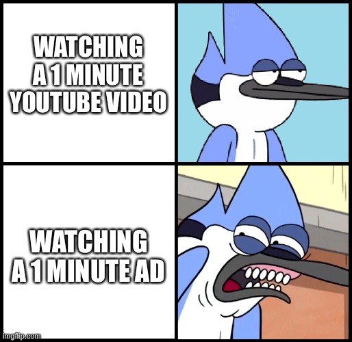 Facts. | WATCHING A 1 MINUTE YOUTUBE VIDEO; WATCHING A 1 MINUTE AD | image tagged in mordecai disgusted | made w/ Imgflip meme maker