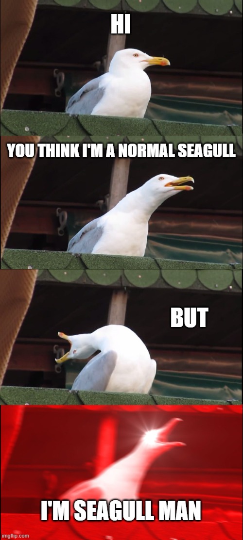 Inhaling Seagull | HI; YOU THINK I'M A NORMAL SEAGULL; BUT; I'M SEAGULL MAN | image tagged in memes,inhaling seagull | made w/ Imgflip meme maker