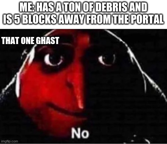 Gru No | ME: HAS A TON OF DEBRIS AND IS 5 BLOCKS AWAY FROM THE PORTAL THAT ONE GHAST | image tagged in gru no | made w/ Imgflip meme maker