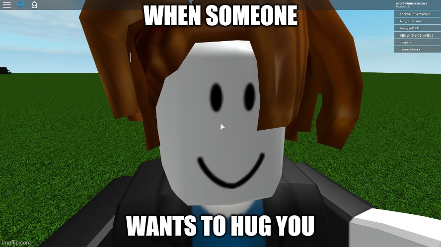 Roblox bacon hair | WHEN SOMEONE; WANTS TO HUG YOU | image tagged in roblox bacon hair | made w/ Imgflip meme maker