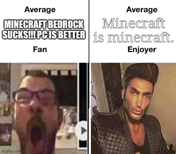 Stop hating on bedrock edition | Minecraft is minecraft. MINECRAFT BEDROCK SUCKS!!! PC IS BETTER | image tagged in average fan vs average enjoyer,lol,haha,gaming,minecraft | made w/ Imgflip meme maker