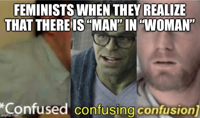 Wut | FEMINISTS WHEN THEY REALIZE THAT THERE IS “MAN” IN “WOMAN” | image tagged in confused confusing confusion | made w/ Imgflip meme maker