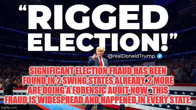 Fraud Election 2020 | SIGNIFICANT ELECTION FRAUD HAS BEEN FOUND IN 2 SWING STATES ALREADY, 2 MORE ARE DOING A FORENSIC AUDIT NOW.  THIS FRAUD IS WIDESPREAD AND HAPPENED IN EVERY STATE. | image tagged in fraud election 2020 | made w/ Imgflip meme maker