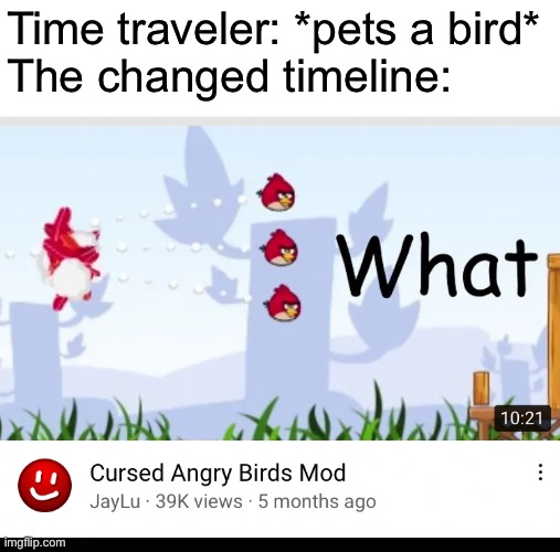Time traveler: *pets a bird*
The changed timeline: | made w/ Imgflip meme maker