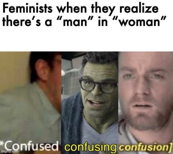 Nooo | Feminists when they realize there’s a “man” in “woman” | image tagged in confused confusing confusion | made w/ Imgflip meme maker