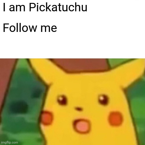 Surprised Pikachu | I am Pickatuchu; Follow me | image tagged in memes,surprised pikachu | made w/ Imgflip meme maker