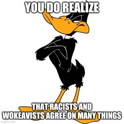 Think about it, though | YOU DO REALIZE; THAT RACISTS AND WOKEAVISTS AGREE ON MANY THINGS | image tagged in you do realize | made w/ Imgflip meme maker