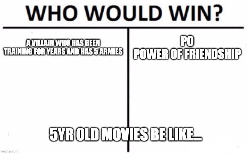 Who Would Win? Meme | A VILLAIN WHO HAS BEEN TRAINING FOR YEARS AND HAS 5 ARMIES; PO
POWER OF FRIENDSHIP; 5YR OLD MOVIES BE LIKE... | image tagged in memes,who would win | made w/ Imgflip meme maker