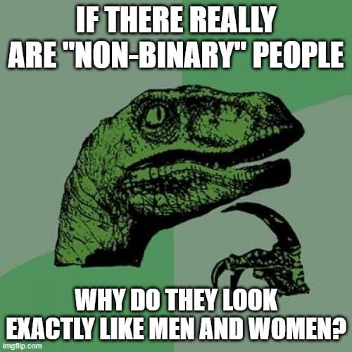 Philosoraptor Meme | IF THERE REALLY ARE "NON-BINARY" PEOPLE; WHY DO THEY LOOK EXACTLY LIKE MEN AND WOMEN? | image tagged in memes,philosoraptor,non binary,women,men | made w/ Imgflip meme maker