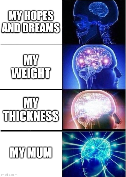 Expanding Brain Meme | MY HOPES AND DREAMS; MY WEIGHT; MY THICKNESS; MY MUM | image tagged in memes,expanding brain | made w/ Imgflip meme maker