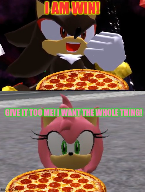 Shadow and Amy party! | I AM WIN! GIVE IT TOO ME! I WANT THE WHOLE THING! | image tagged in ow the edge lmao,amy rose with a shotgun,pizza time,shadow the hedgehog,amy rose | made w/ Imgflip meme maker