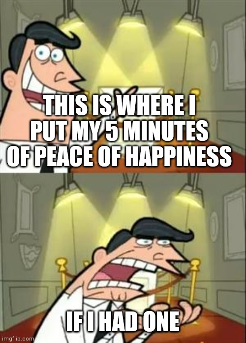 This Is Where I'd Put My Trophy If I Had One Meme | THIS IS WHERE I PUT MY 5 MINUTES OF PEACE OF HAPPINESS; IF I HAD ONE | image tagged in memes,this is where i'd put my trophy if i had one | made w/ Imgflip meme maker