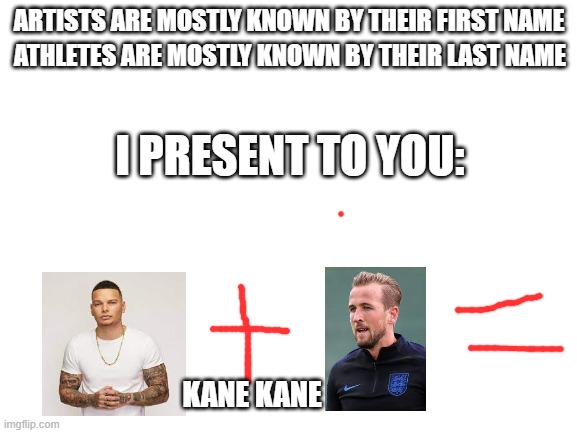 yoooooooo | ARTISTS ARE MOSTLY KNOWN BY THEIR FIRST NAME; ATHLETES ARE MOSTLY KNOWN BY THEIR LAST NAME; I PRESENT TO YOU:; KANE KANE | image tagged in blank white template | made w/ Imgflip meme maker