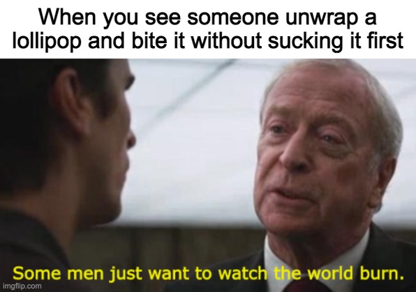 why just why | When you see someone unwrap a lollipop and bite it without sucking it first | image tagged in some men just want to watch the world burn | made w/ Imgflip meme maker