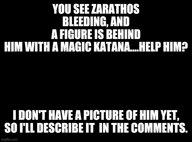 Another rp. | YOU SEE ZARATHOS BLEEDING, AND A FIGURE IS BEHIND HIM WITH A MAGIC KATANA....HELP HIM? I DON'T HAVE A PICTURE OF HIM YET, SO I'LL DESCRIBE IT  IN THE COMMENTS. | image tagged in blank black | made w/ Imgflip meme maker