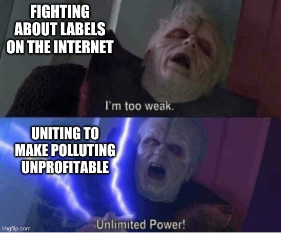 Too weak Unlimited Power | FIGHTING ABOUT LABELS ON THE INTERNET; UNITING TO MAKE POLLUTING UNPROFITABLE | image tagged in too weak unlimited power | made w/ Imgflip meme maker