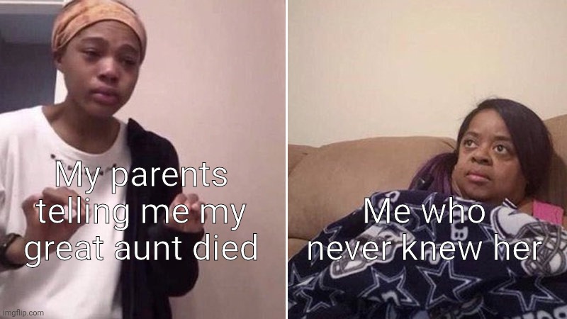 Shad | My parents telling me my great aunt died; Me who never knew her | image tagged in me explaining to my mom | made w/ Imgflip meme maker