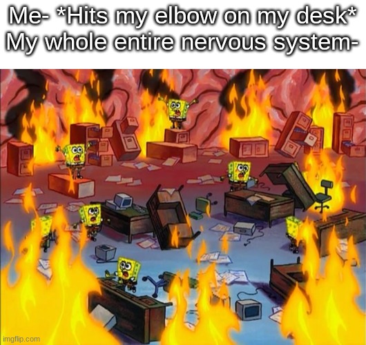 The pain is immeasurable and my day is ruined |  Me- *Hits my elbow on my desk*
My whole entire nervous system- | image tagged in spongebob fire,memes,fun,funny,pain | made w/ Imgflip meme maker